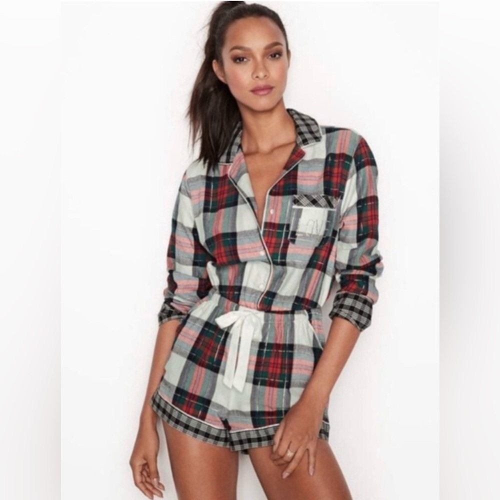 Victoria's Secret Red and Black Plaid Flannel Pajama Romper w/ Rhinestones XL